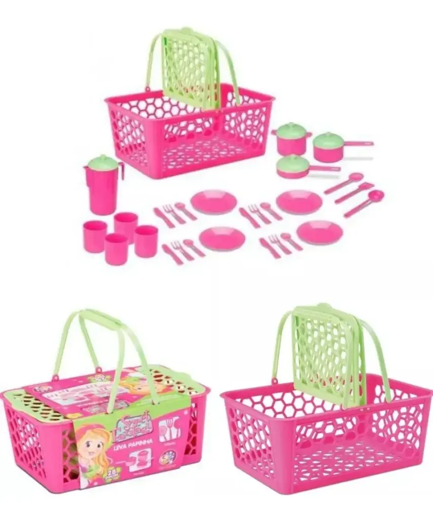 Cesta Leva Papinha Brinquedo Infantil Kit Cozinha Rosa 2025