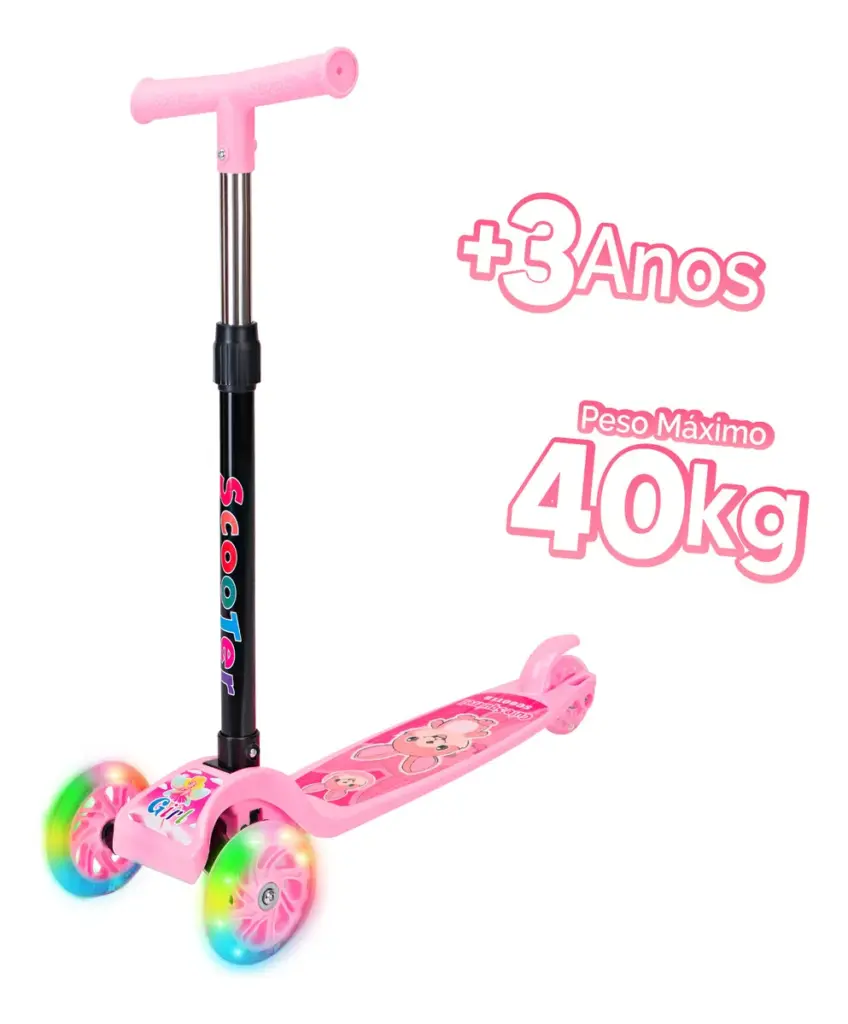 Patinete Infantil 3 Rodas LED Dobrável Rosa 2025 no Brasil