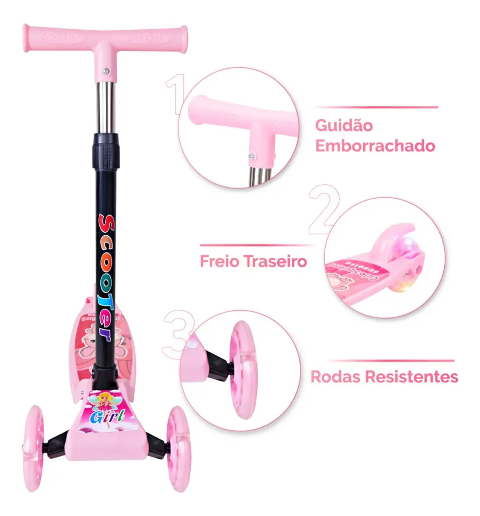 Patinete Infantil 3 Rodas LED Dobrável Rosa 2025 no Brasil