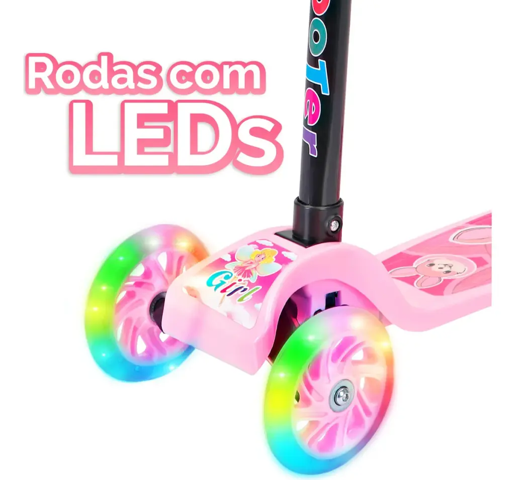 Patinete Infantil 3 Rodas LED Dobrável Rosa 2025 no Brasil