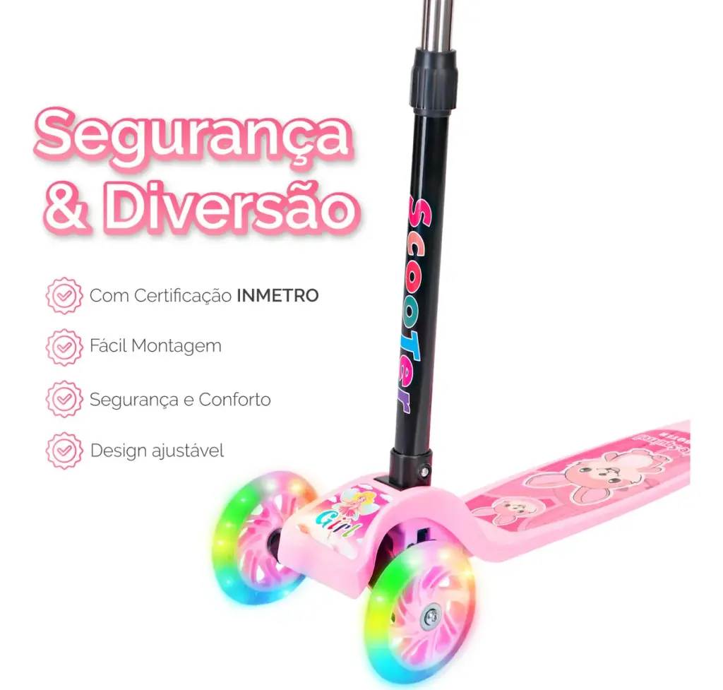 Patinete Infantil 3 Rodas LED Dobrável Rosa 2025 no Brasil