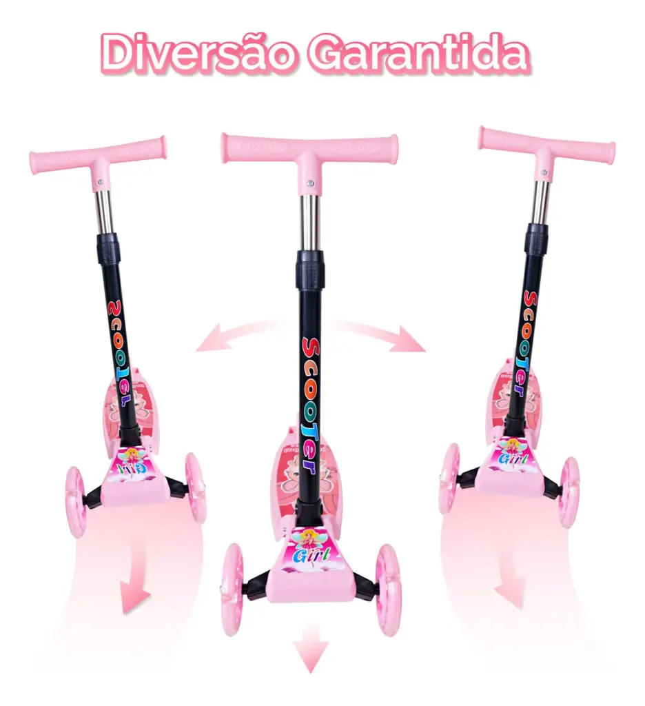 Patinete Infantil 3 Rodas LED Dobrável Rosa 2025 no Brasil