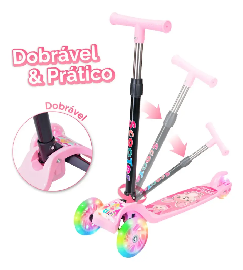Patinete Infantil 3 Rodas LED Dobrável Rosa 2025 no Brasil