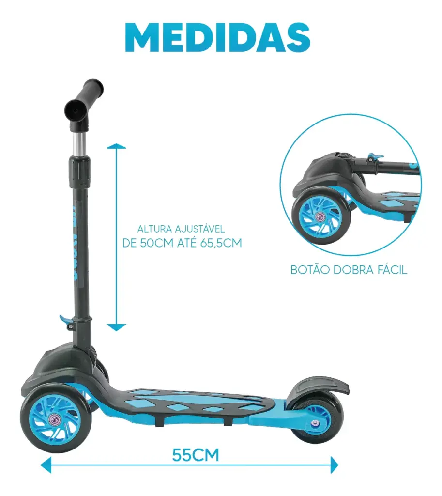 Como é o Patinete Ajustável 3 Rodas Azul da Just Fun