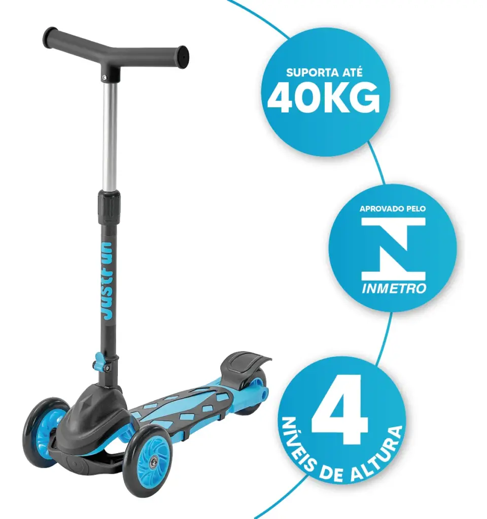 Como é o Patinete Ajustável 3 Rodas Azul da Just Fun