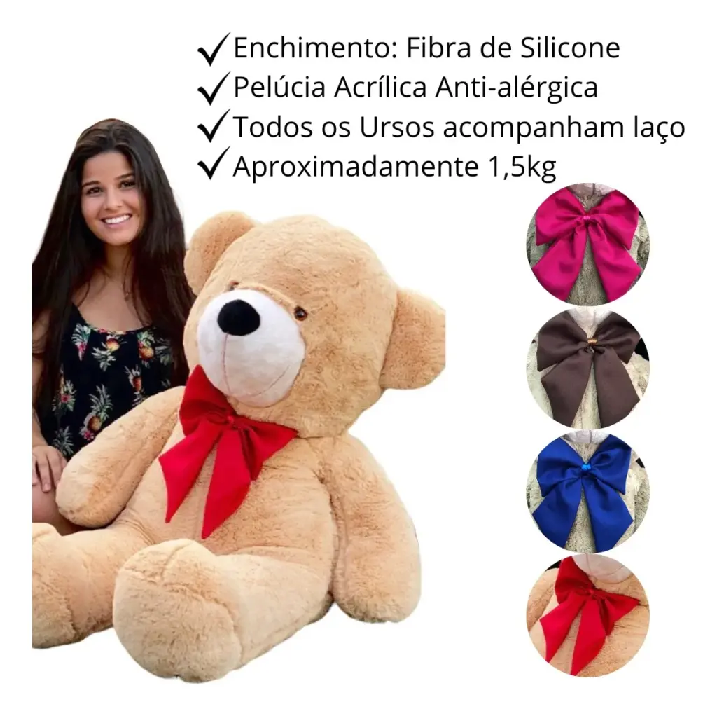 2025: Urso Teddy Gigante 1,10m com Laço Antialérgico