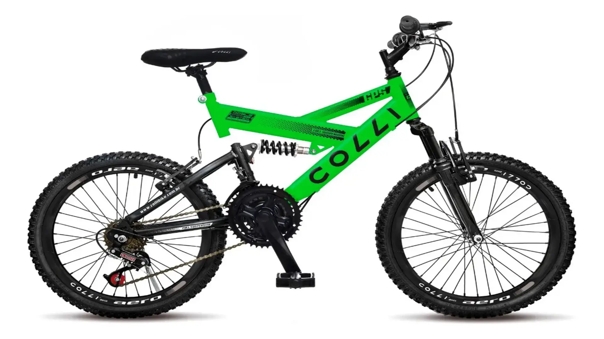 Colli GPS Aro 20 verde-neon com suspensão dupla se destaca