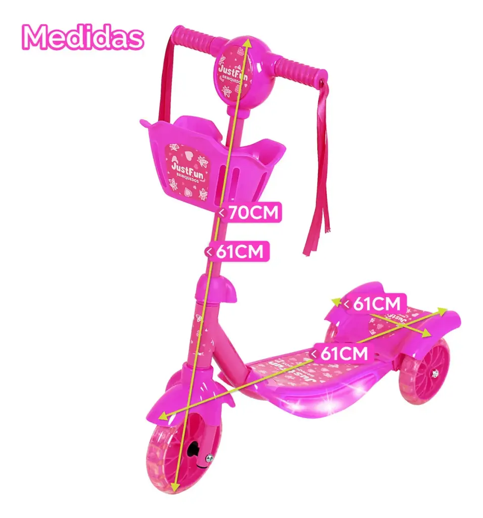 Just Fun LED: patinete infantil rosa 3 rodas e cesta