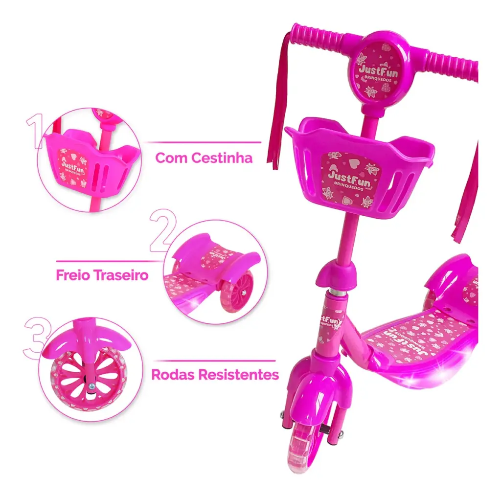 Just Fun LED: patinete infantil rosa 3 rodas e cesta