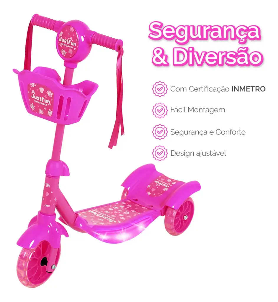 Just Fun LED: patinete infantil rosa 3 rodas e cesta
