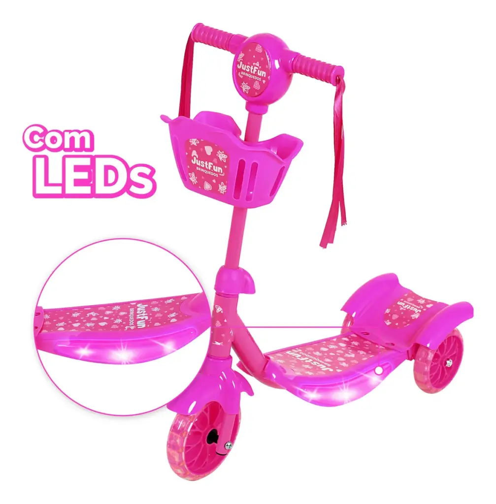 Just Fun LED: patinete infantil rosa 3 rodas e cesta