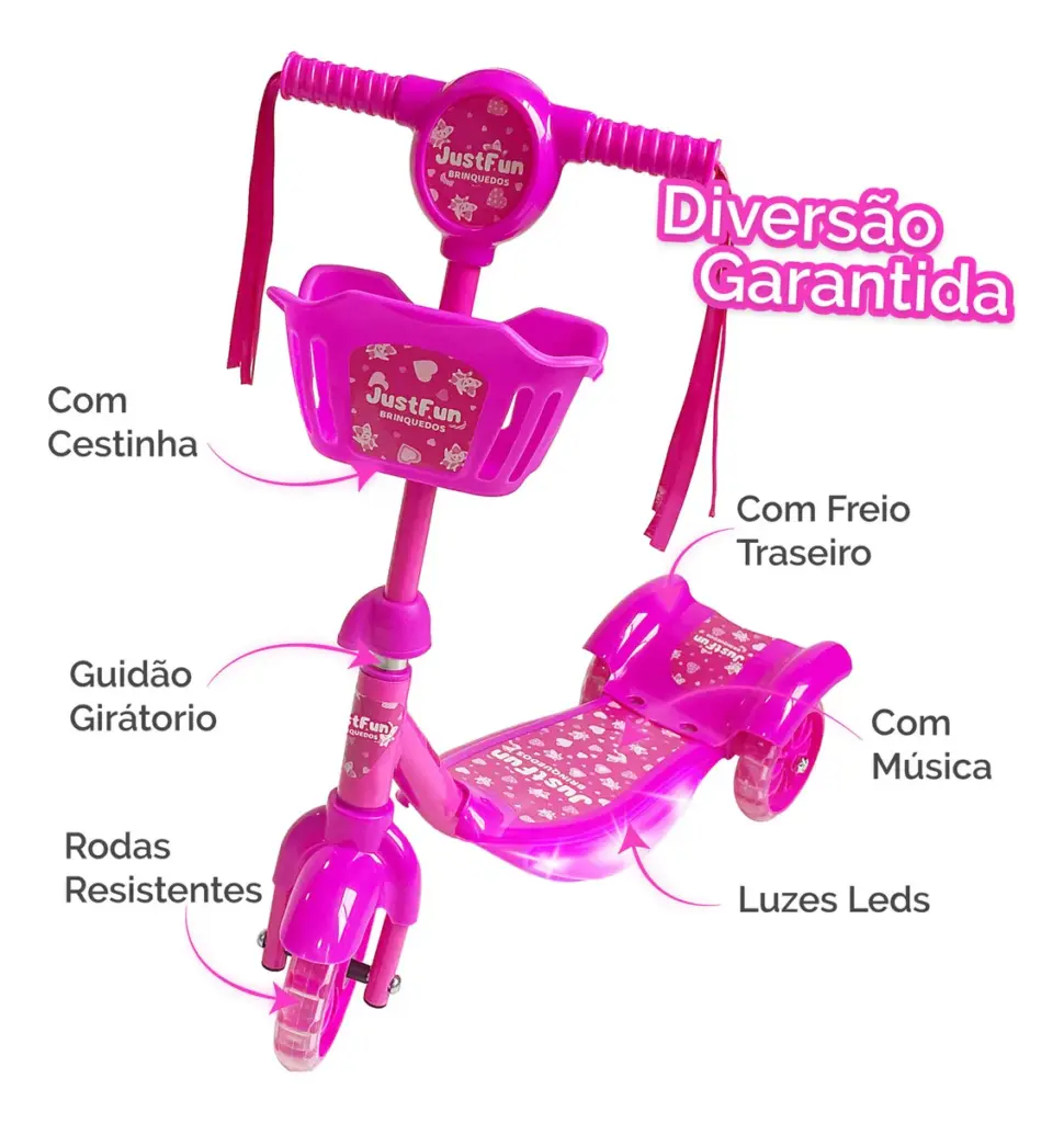 Just Fun LED: patinete infantil rosa 3 rodas e cesta