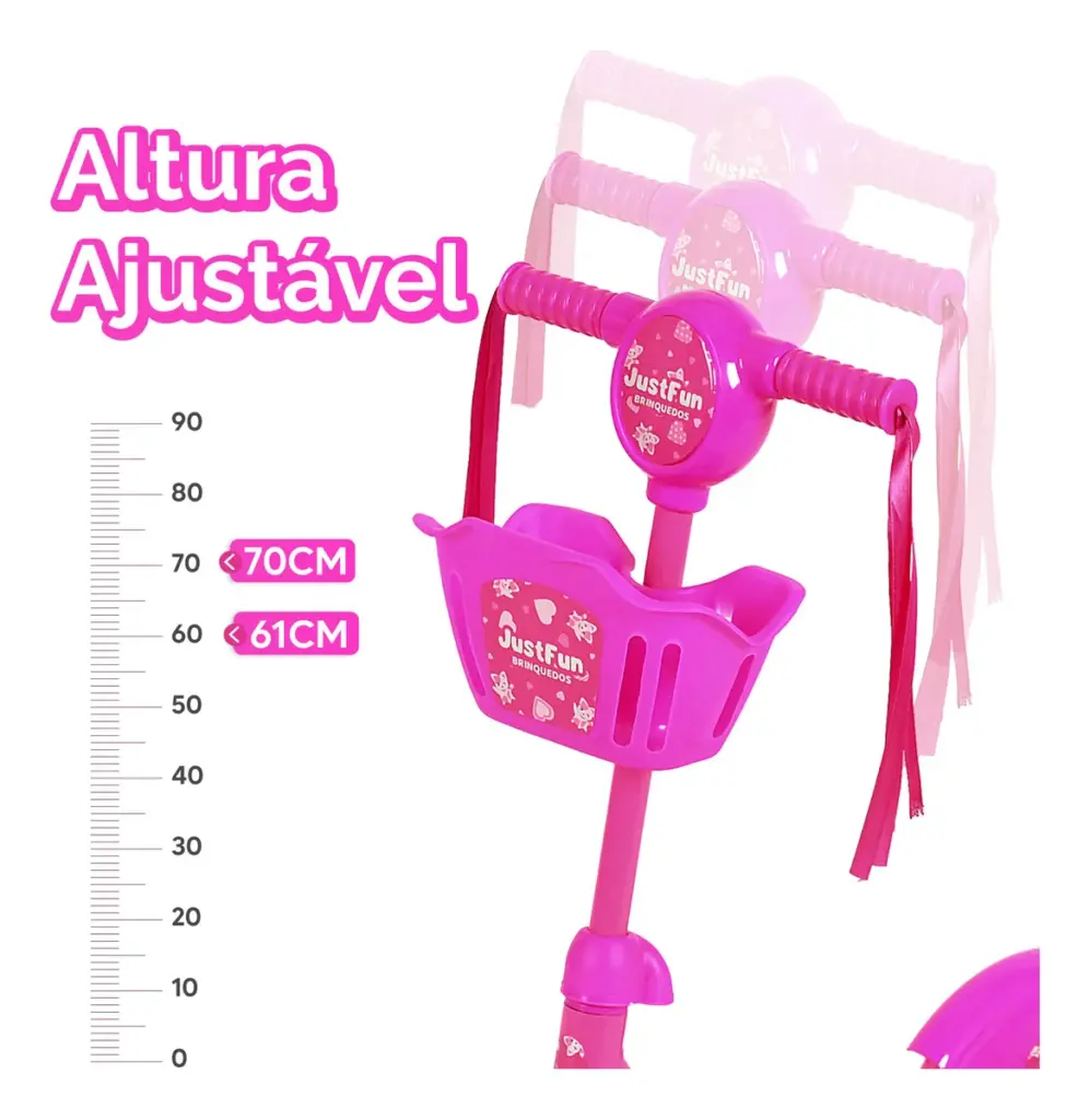 Just Fun LED: patinete infantil rosa 3 rodas e cesta
