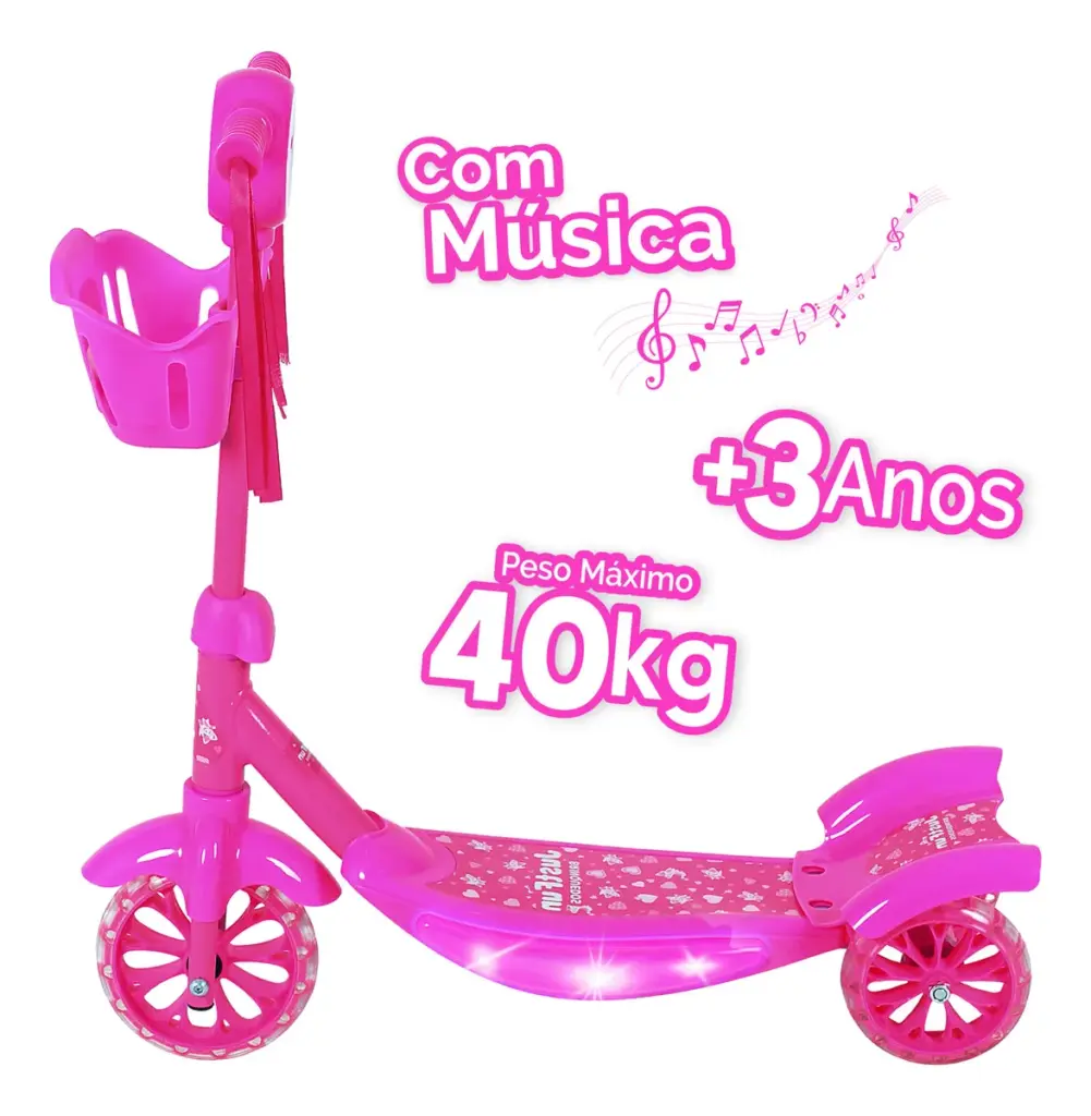 Just Fun LED: patinete infantil rosa 3 rodas e cesta