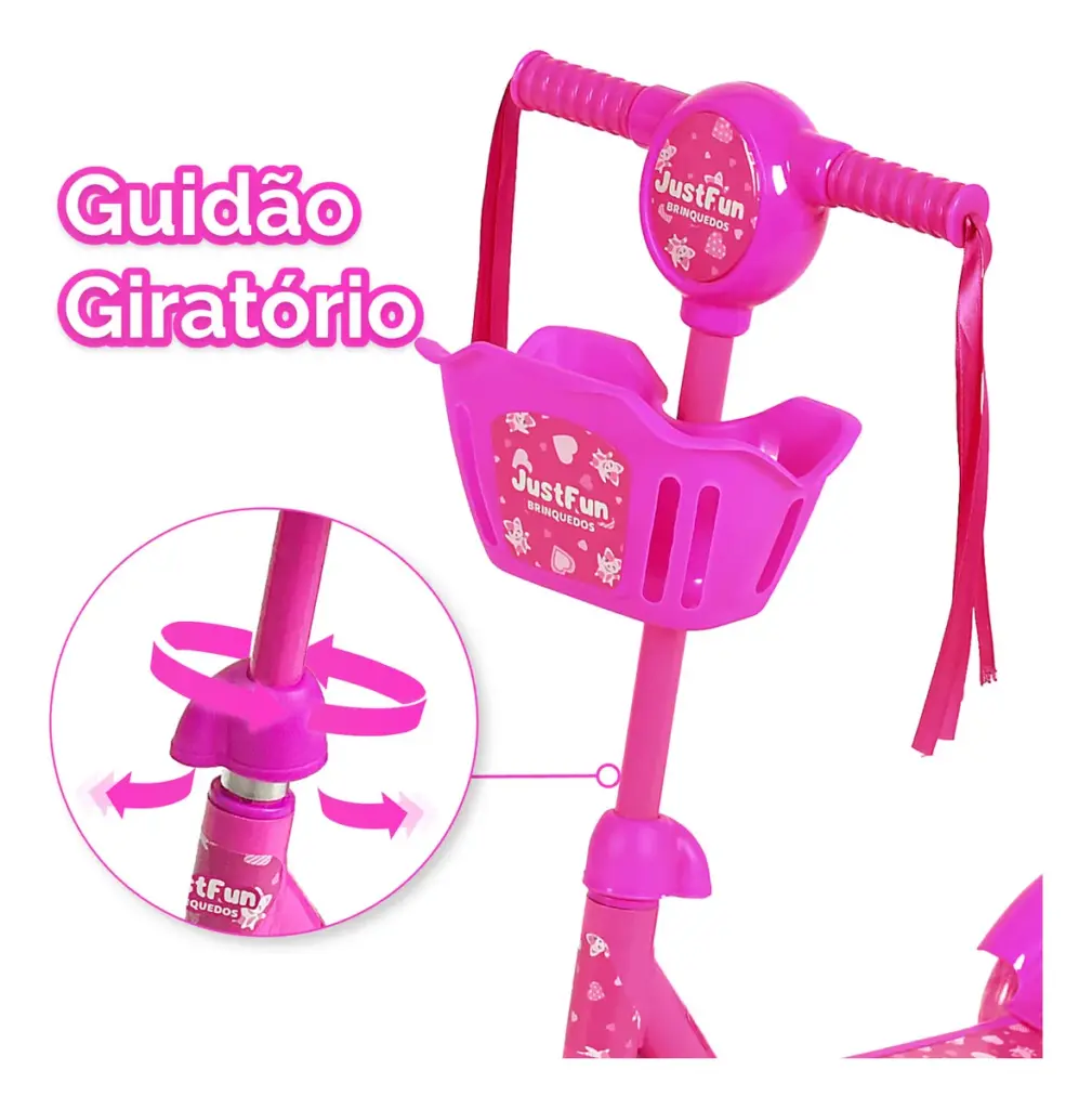 Just Fun LED: patinete infantil rosa 3 rodas e cesta