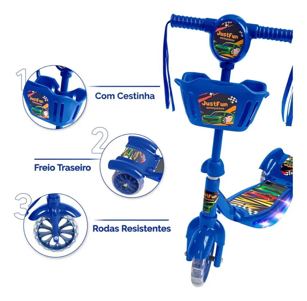 Patinete Just Fun com LED e cesta vira hit entre crianças