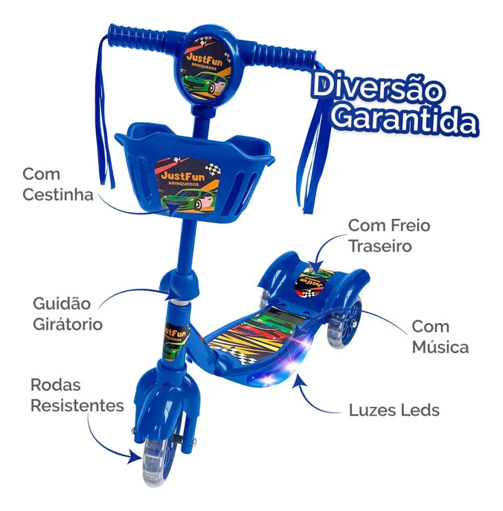 Patinete Just Fun com LED e cesta vira hit entre crianças